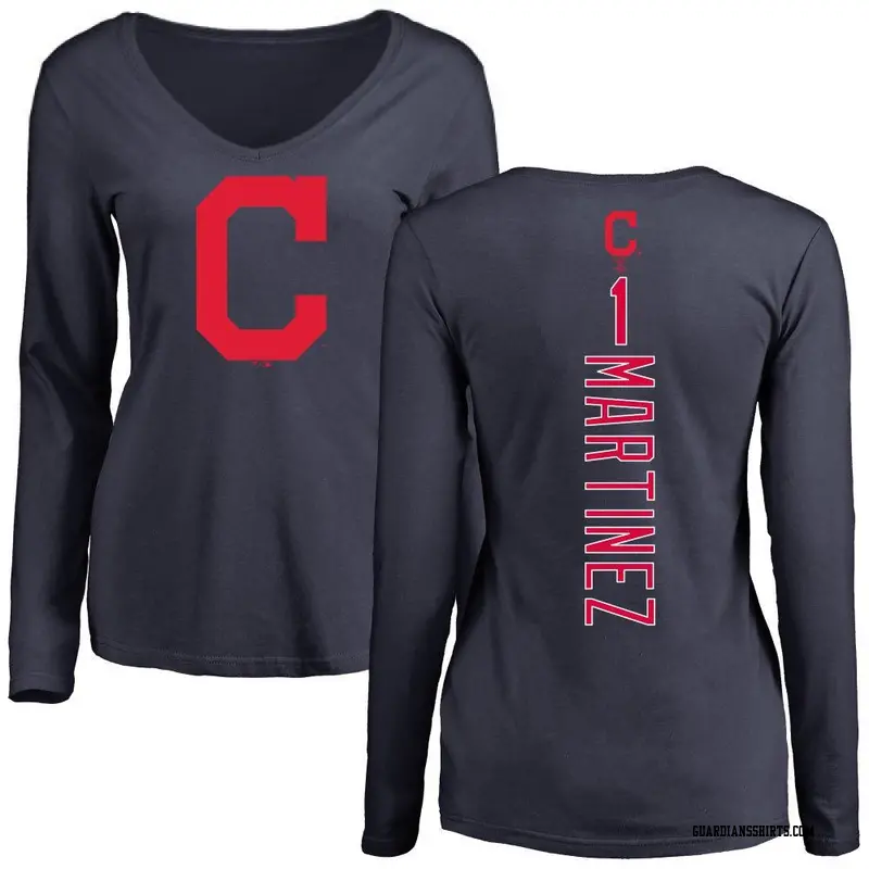 Women's Cleveland Guardians ＃1 Angel Martinez Navy Backer Slim Fit Long Sleeve T-Shirt