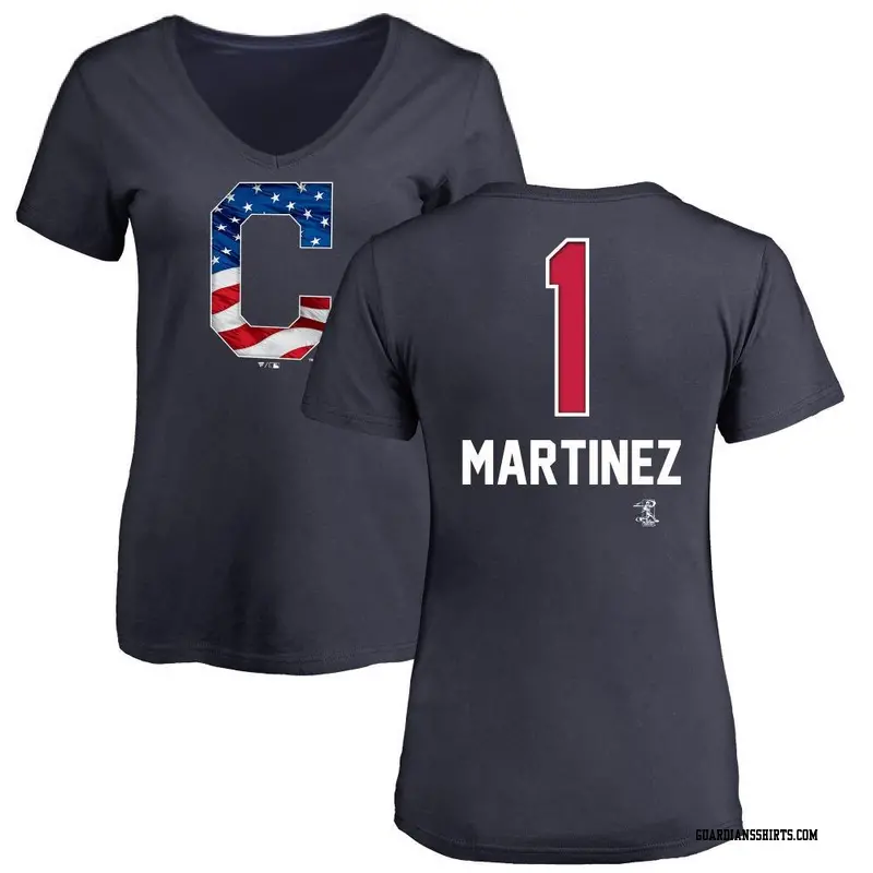 Women's Cleveland Guardians ＃1 Angel Martinez Navy Name and Number Banner Wave V-Neck T-Shirt